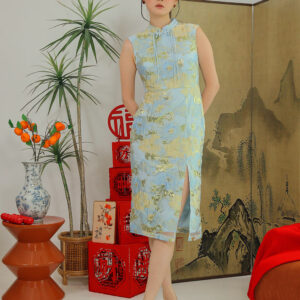 Fortune Cloud Cheongsam Midi Dress in Celestial Blue Gold