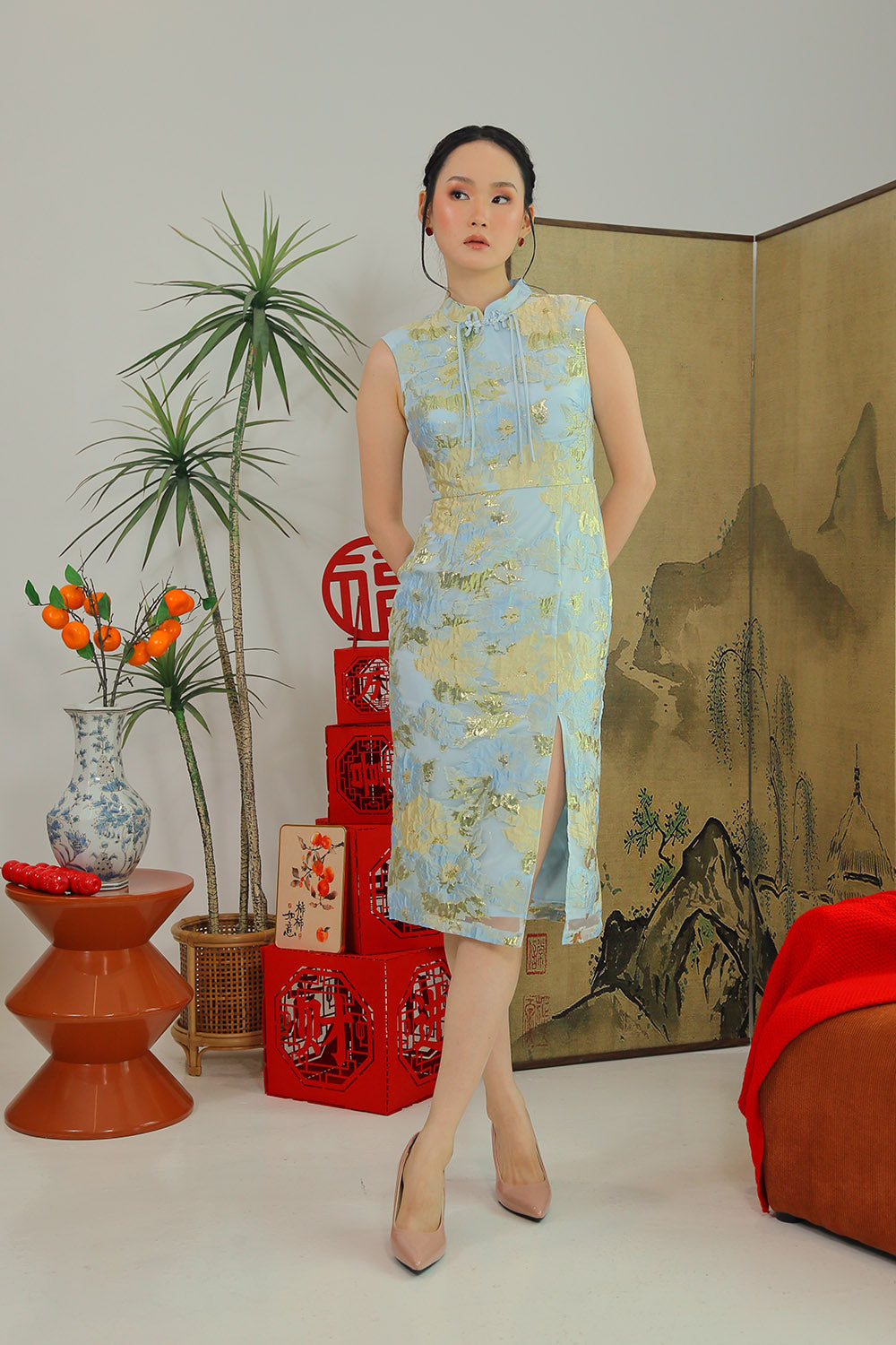 Fortune Cloud Cheongsam Midi Dress in Celestial Blue Gold