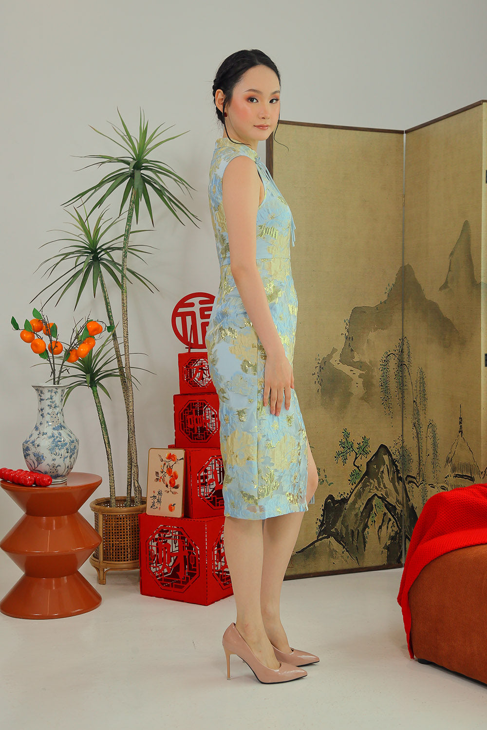 Fortune Cloud Cheongsam Midi Dress in Celestial Blue Gold - Image 6