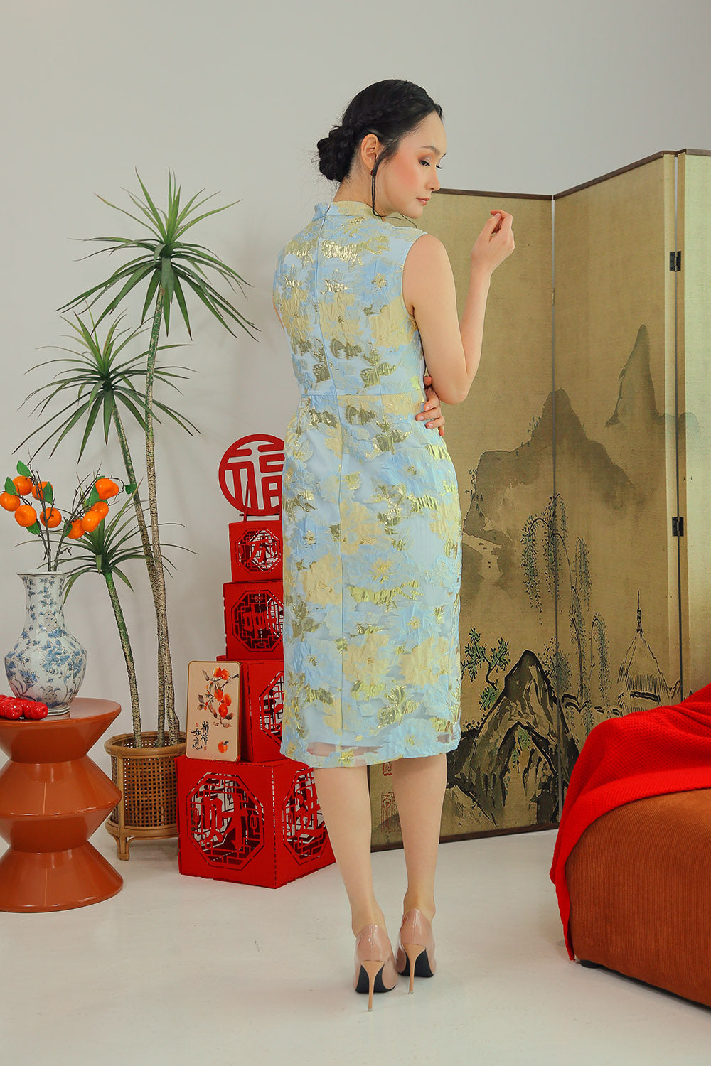 Fortune Cloud Cheongsam Midi Dress in Celestial Blue Gold - Image 5