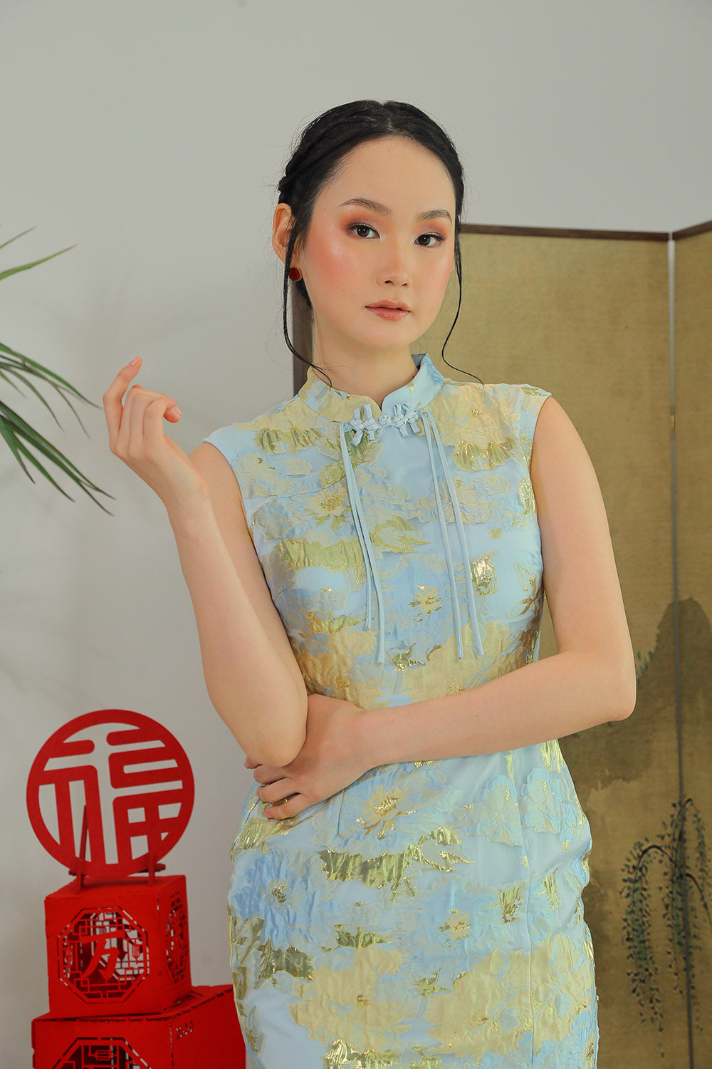 Fortune Cloud Cheongsam Midi Dress in Celestial Blue Gold - Image 3
