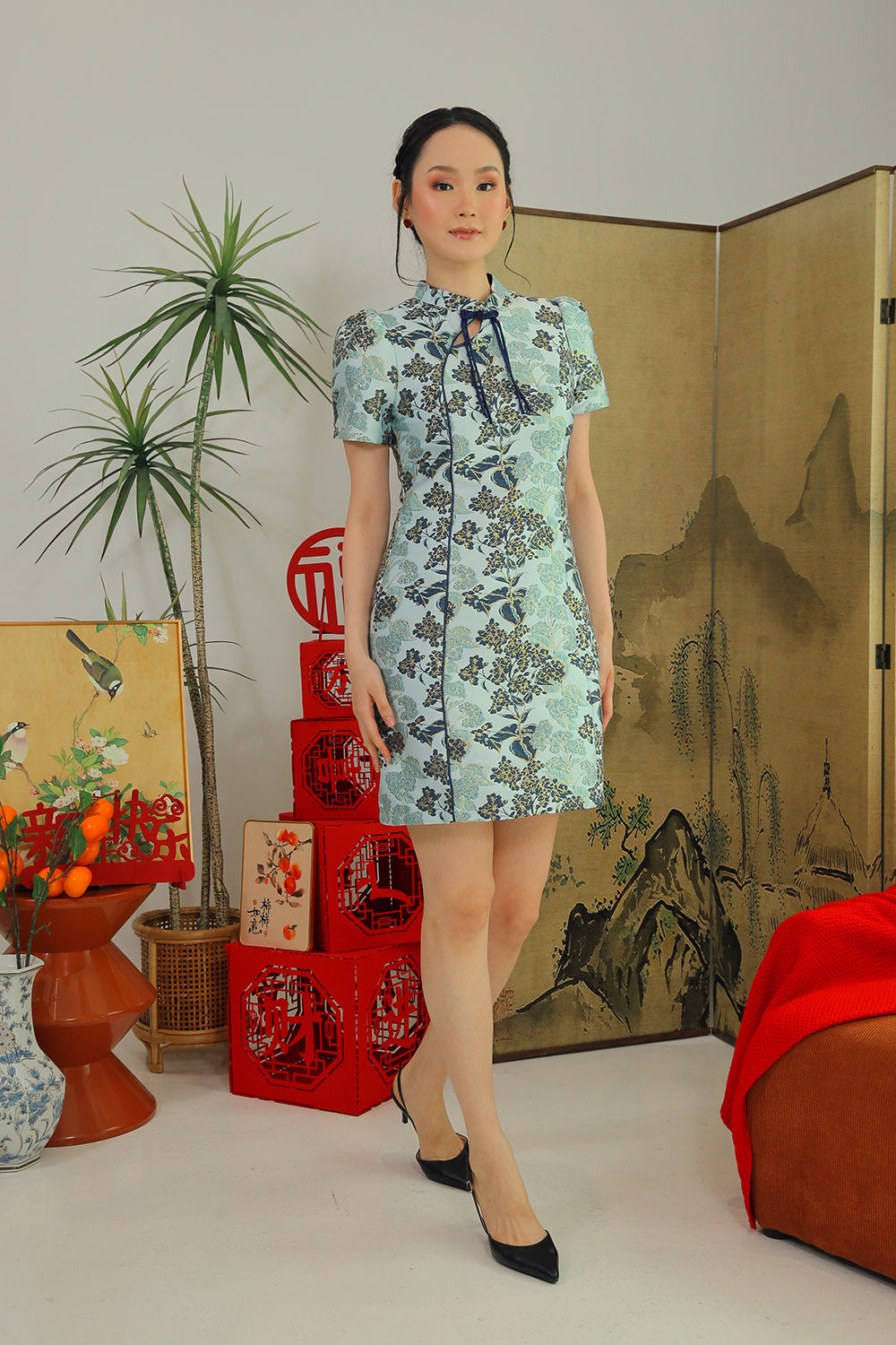 Clarette Jacquard Mandarin Mini Dress in Midnight Teal - Image 2