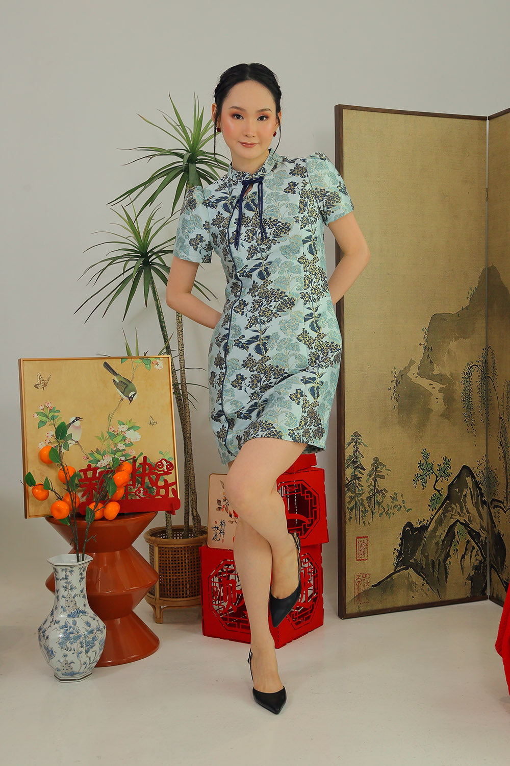 Clarette Jacquard Mandarin Mini Dress in Midnight Teal - Image 6