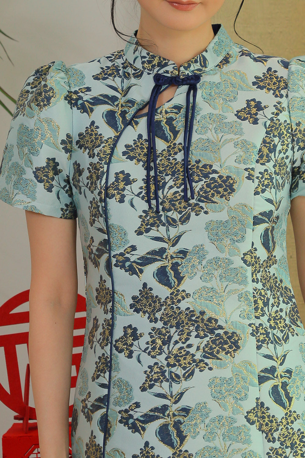 Clarette Jacquard Mandarin Mini Dress in Midnight Teal - Image 3