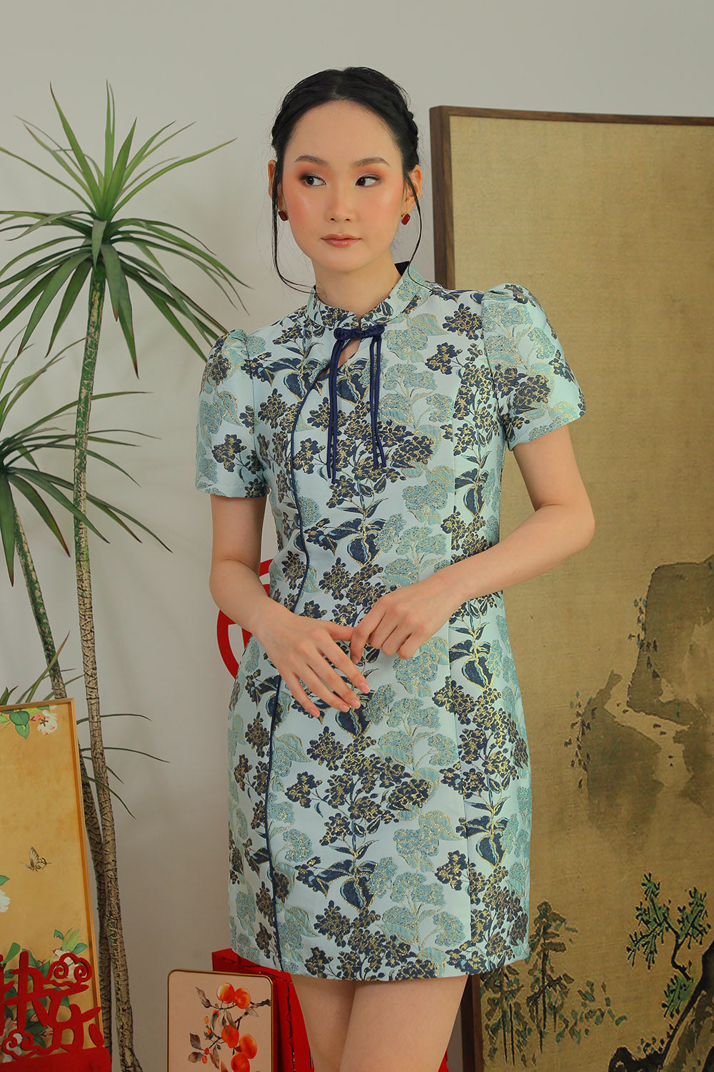 Clarette Jacquard Mandarin Mini Dress in Midnight Teal - Image 4