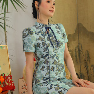 Clarette Jacquard Mandarin Mini Dress in Midnight Teal