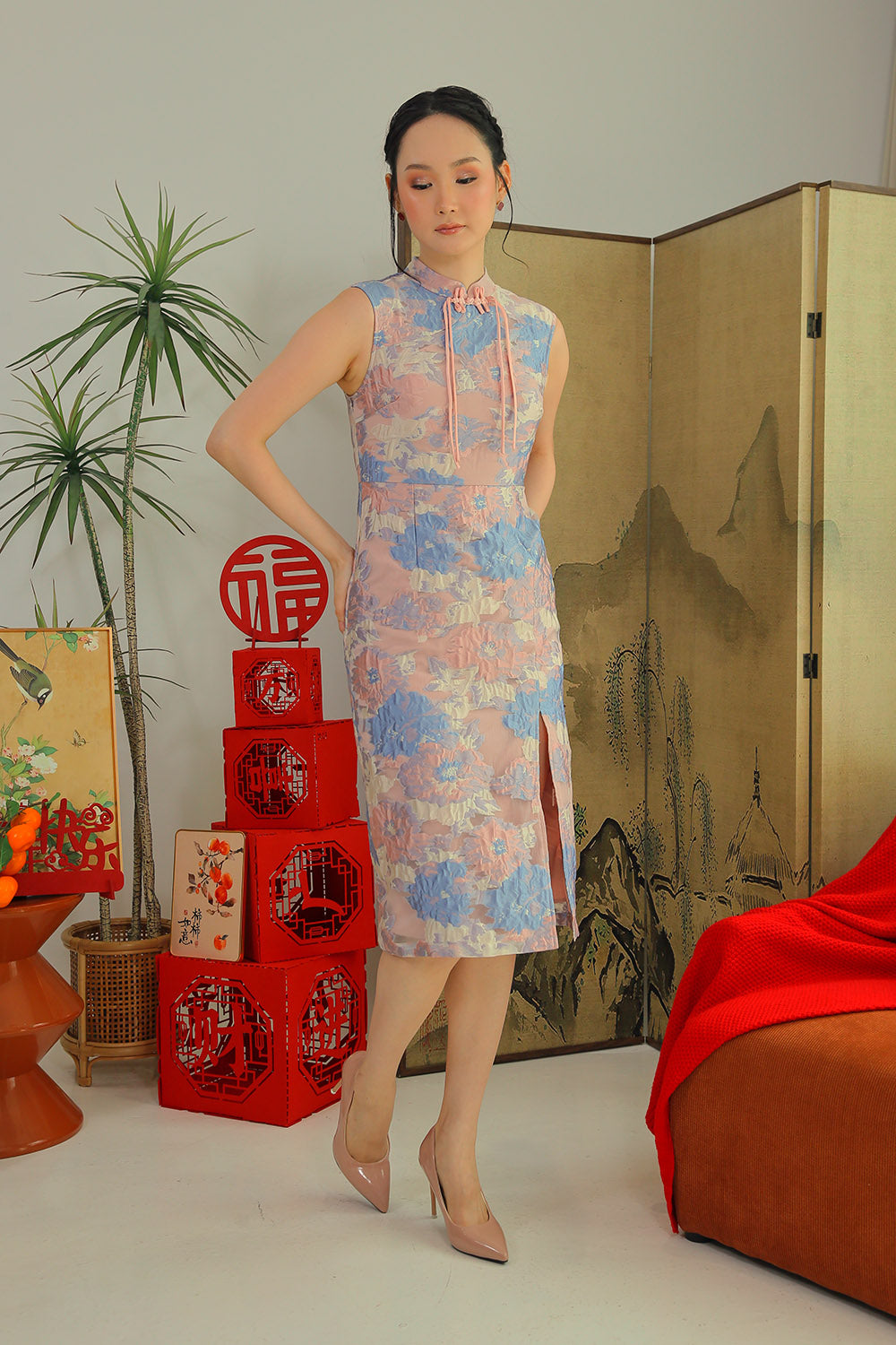 Fortune Cloud Cheongsam Midi Dress in Blush Bloom - Image 3