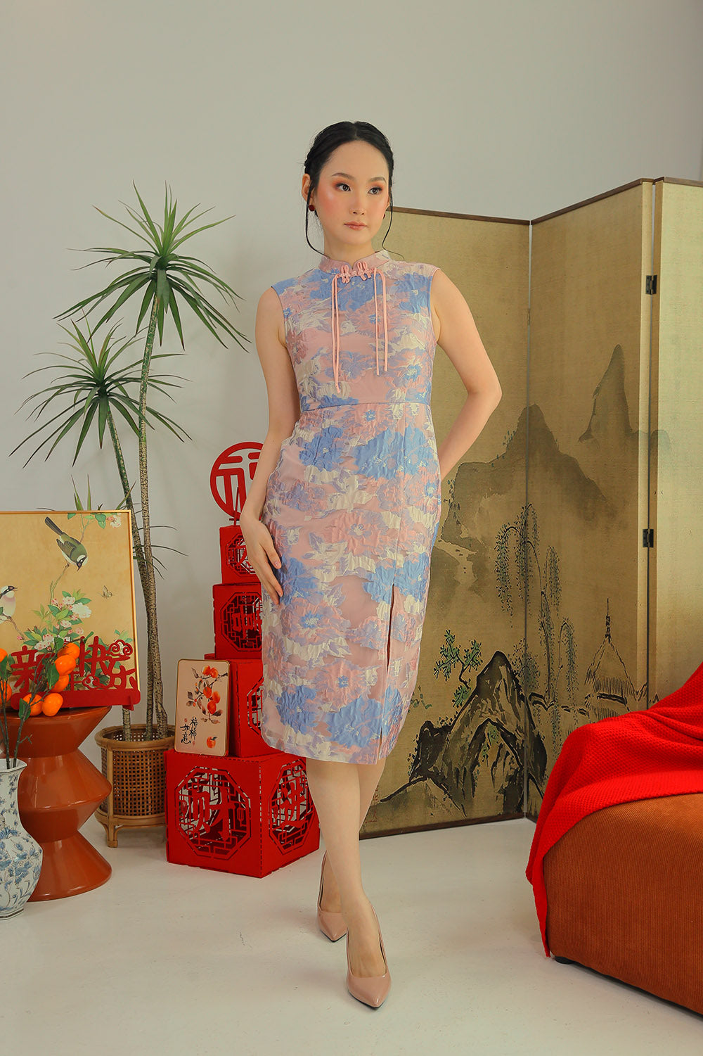 Fortune Cloud Cheongsam Midi Dress in Blush Bloom - Image 4
