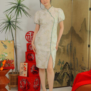 Vivara Puff Sleeve Floral Cheongsam Midi Dress in Ivory Gold