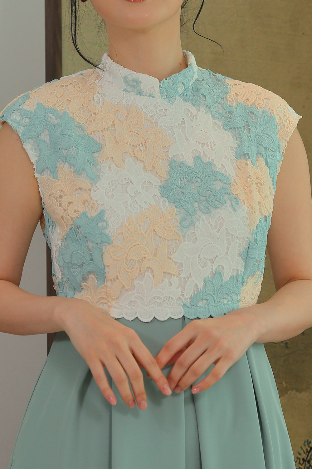 Meilyn Lace Cheongsam Mini Dress in Jade Mist - Image 2