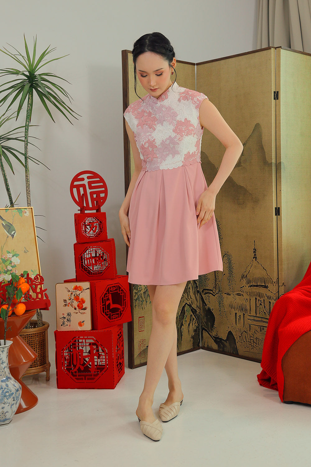 Meilyn Lace Cheongsam Mini Dress in Blush Rose - Image 3