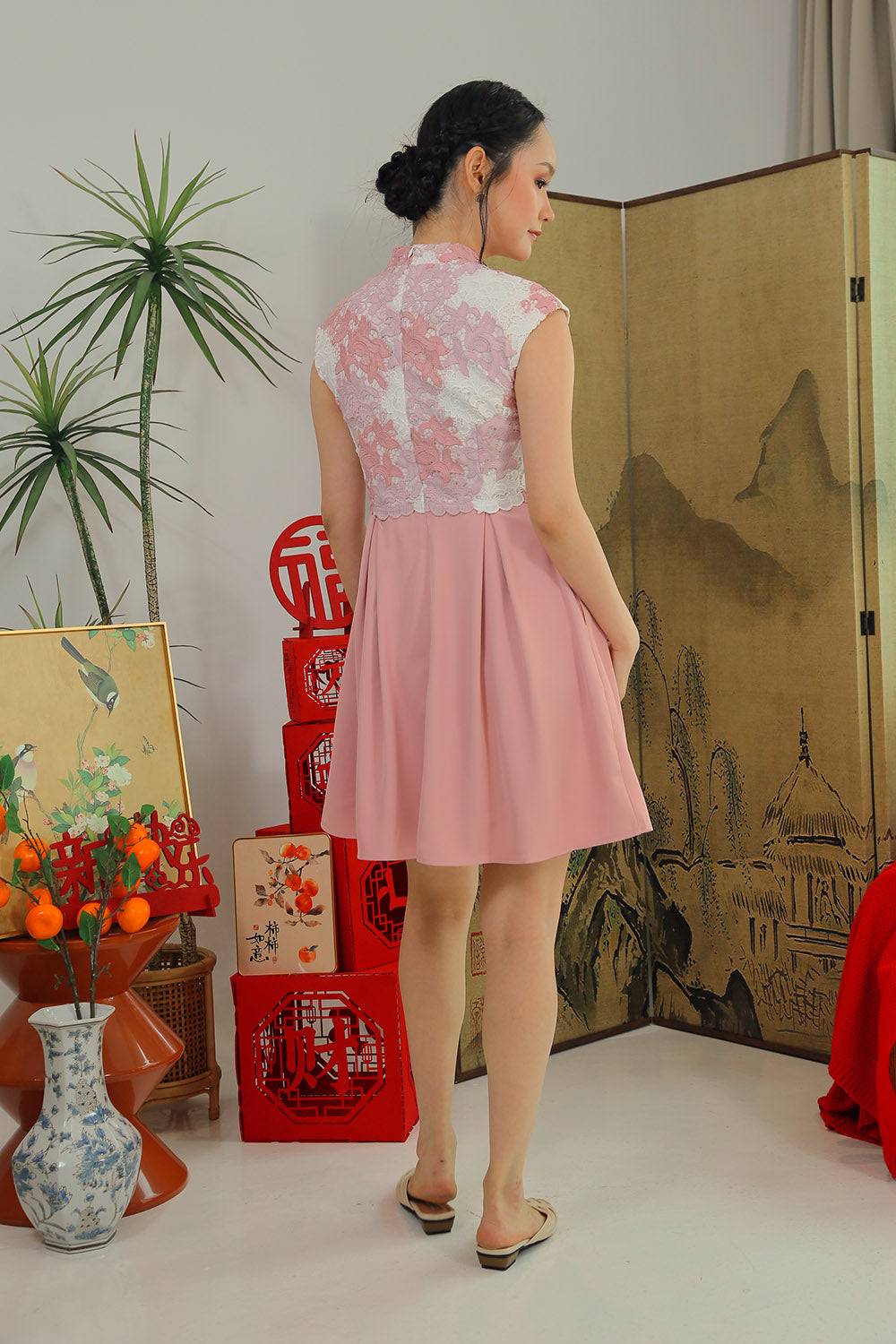 Meilyn Lace Cheongsam Mini Dress in Blush Rose - Image 6