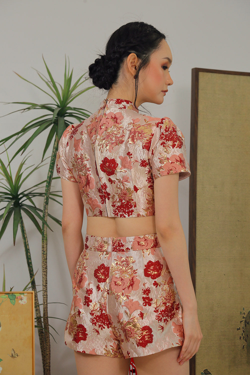 Celestine Brocade Mandarin Top in Rose Gold Floral - Image 5