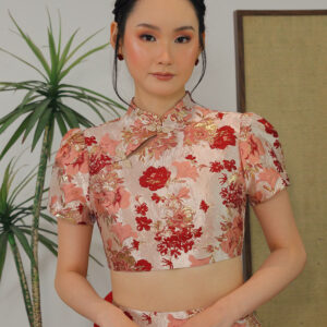 Celestine Brocade Mandarin Top in Rose Gold Floral