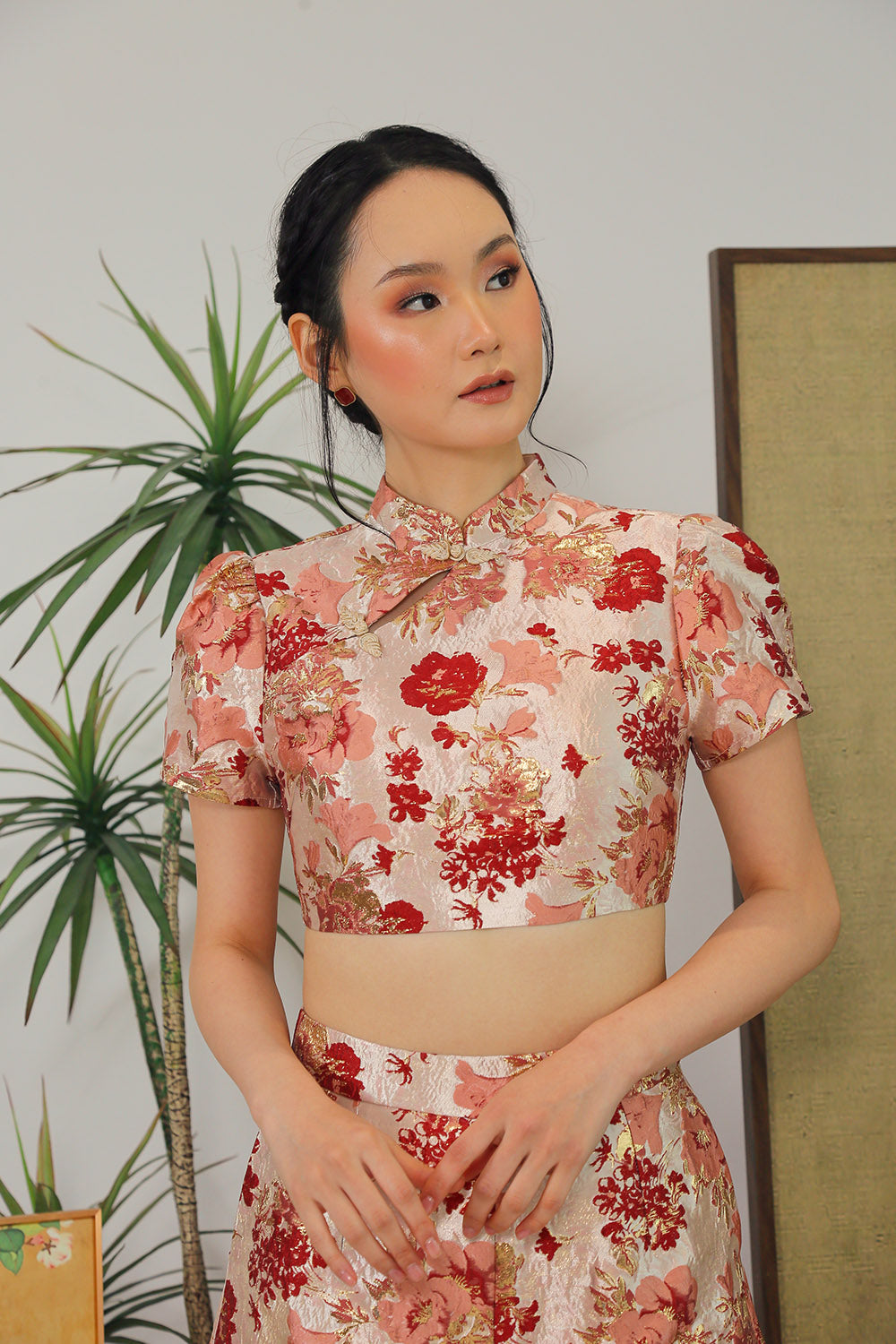 Celestine Brocade Mandarin Top in Rose Gold Floral - Image 3