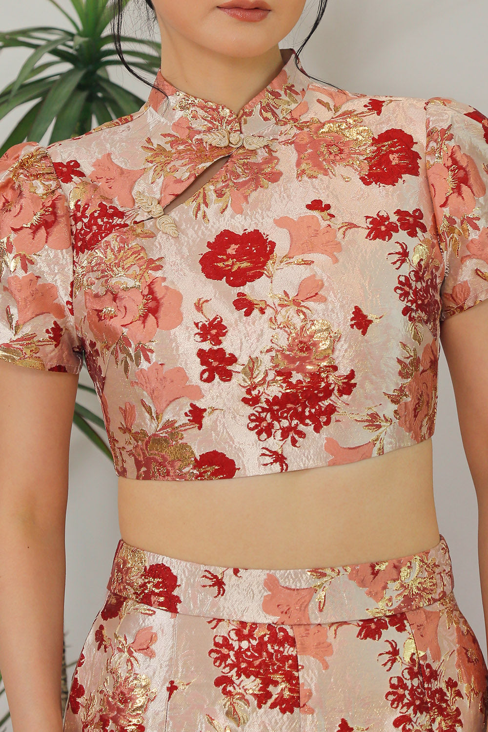Celestine Brocade Mandarin Top in Rose Gold Floral - Image 2