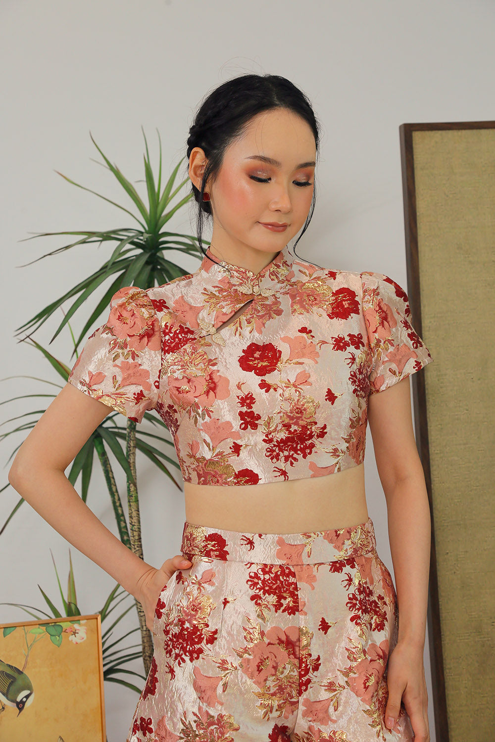 Celestine Brocade Mandarin Top in Rose Gold Floral - Image 4
