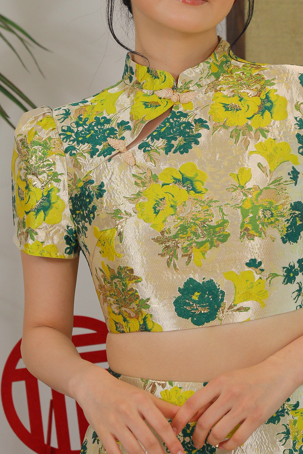 Celestine Brocade Mandarin Top in Emerald Bloom - Image 2
