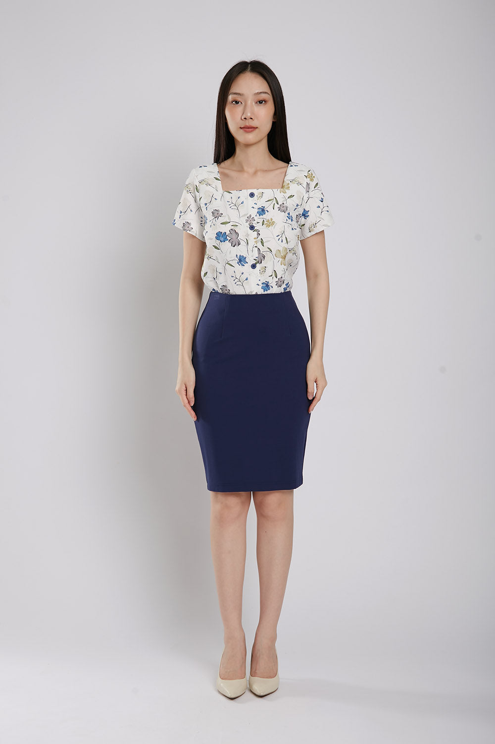 Lisette Pencil Ultra-Stretch Skirt in Navy Blue - Image 2