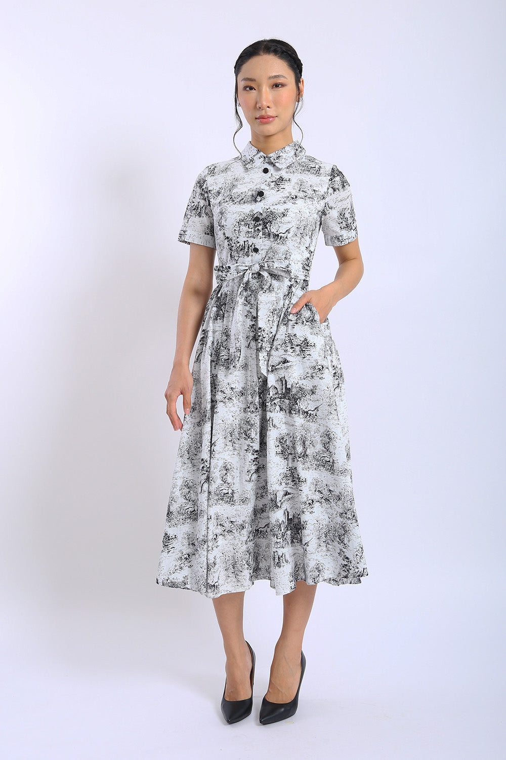Erinn Scenic Shirt Midi Dress in Monochrome Noir