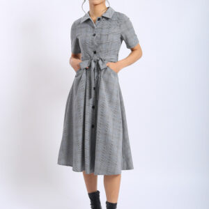 Alina Plaid Tie-Waist Midi Dress in Grey Plaid