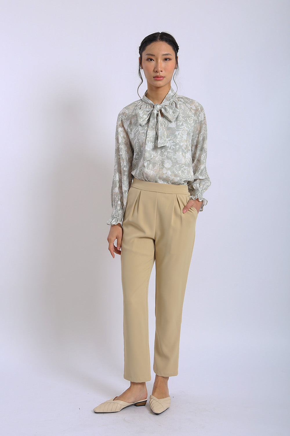 Valeria Pleated Straight Leg Pants in Beige - Image 5