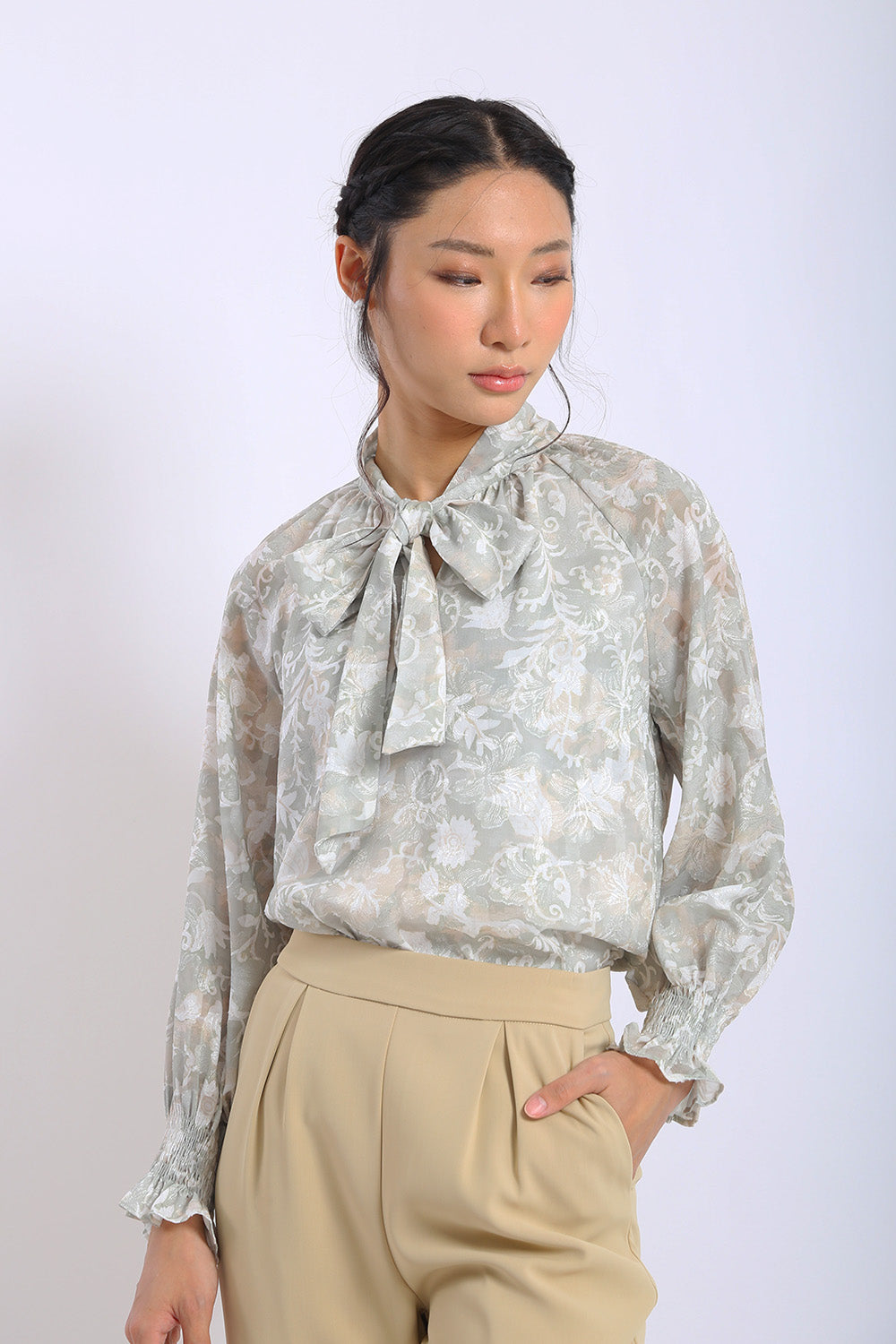 Elara Floral Tie-Neck Blouse in Sandstone Bloom - Image 3
