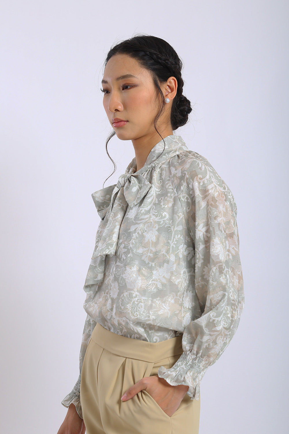Elara Floral Tie-Neck Blouse in Sandstone Bloom - Image 4
