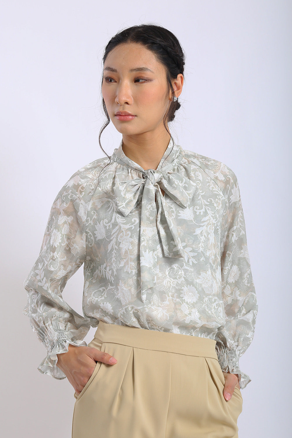 Elara Floral Tie-Neck Blouse in Sandstone Bloom - Image 5