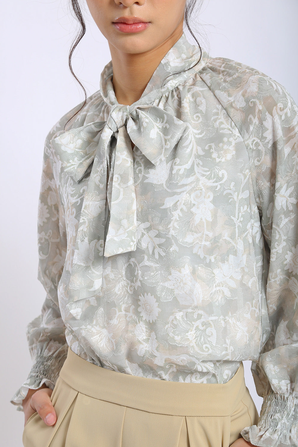 Elara Floral Tie-Neck Blouse in Sandstone Bloom - Image 2