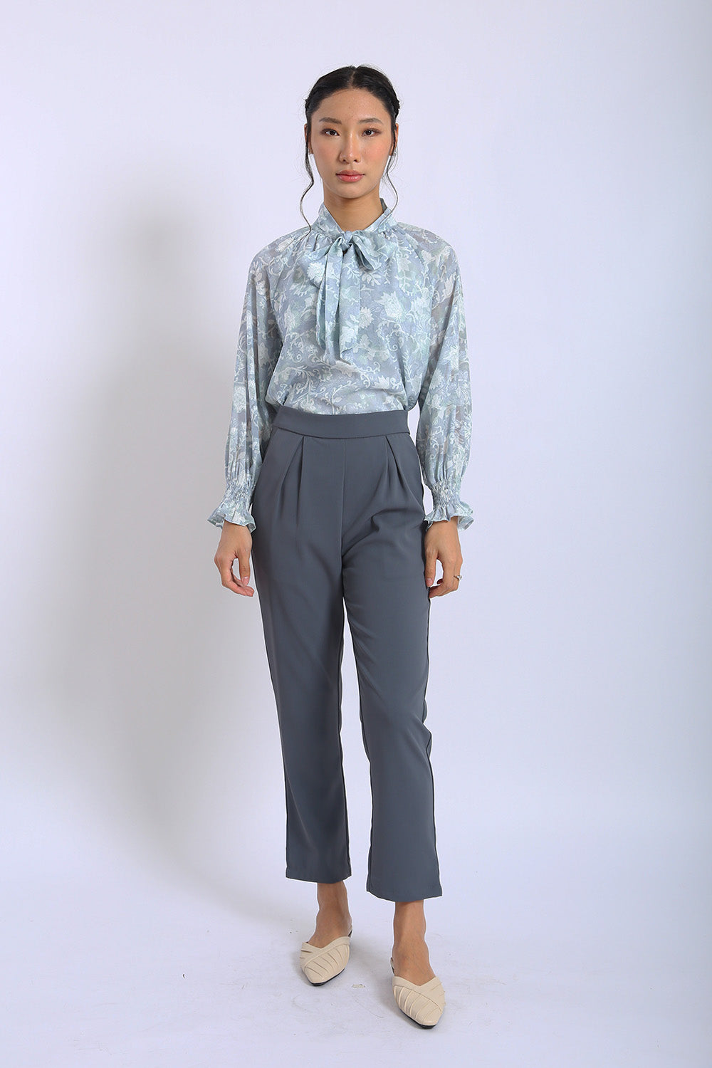 Elara Floral Tie-Neck Blouse in Misty Blue - Image 6