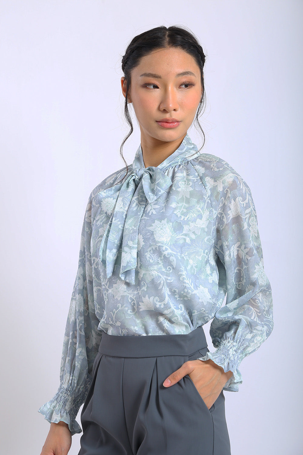 Elara Floral Tie-Neck Blouse in Misty Blue - Image 3