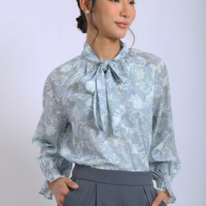 Elara Floral Tie-Neck Blouse in Misty Blue