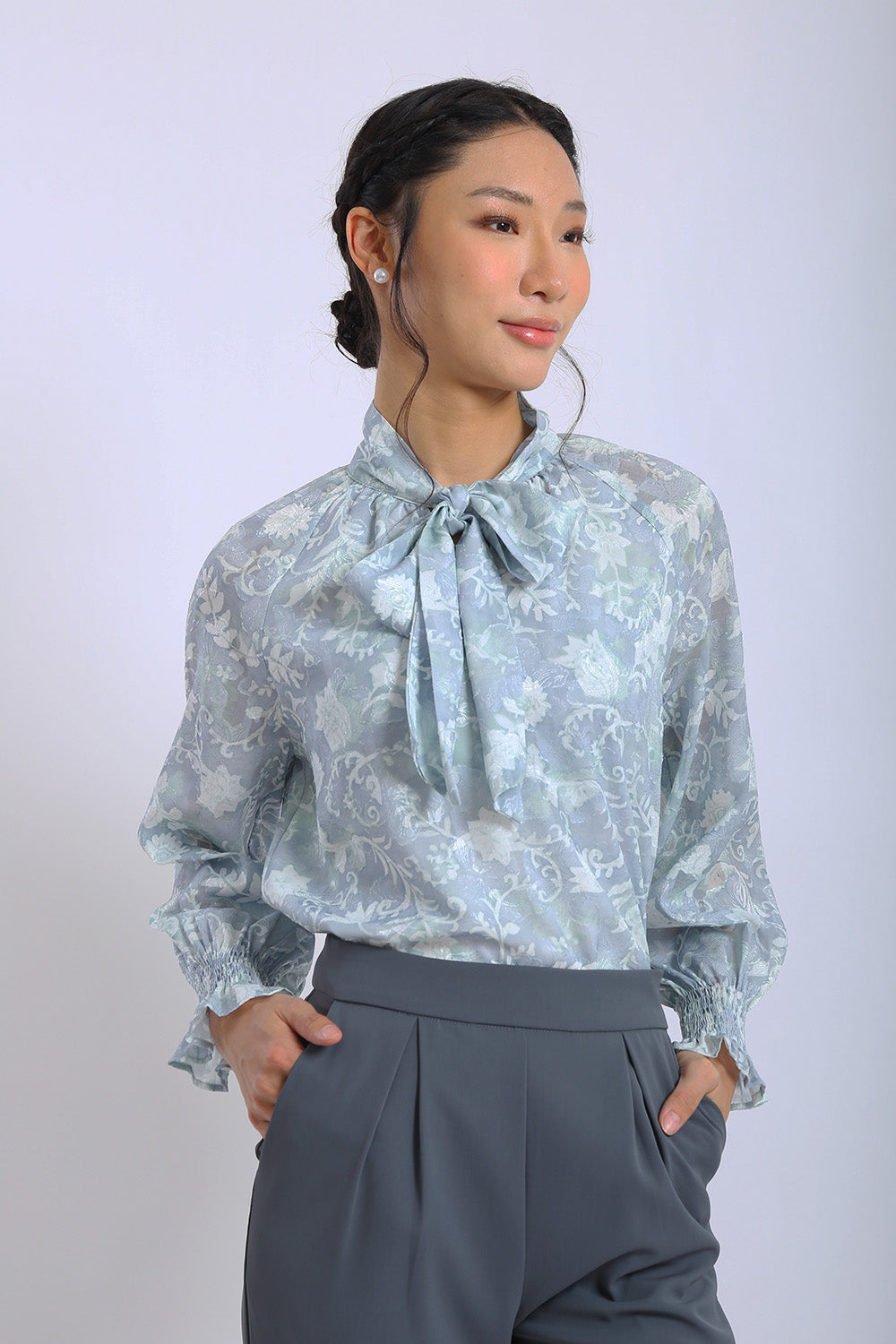 Elara Floral Tie-Neck Blouse in Misty Blue