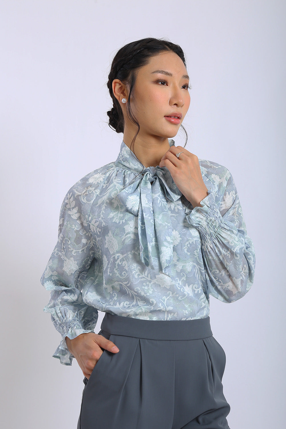 Elara Floral Tie-Neck Blouse in Misty Blue - Image 4