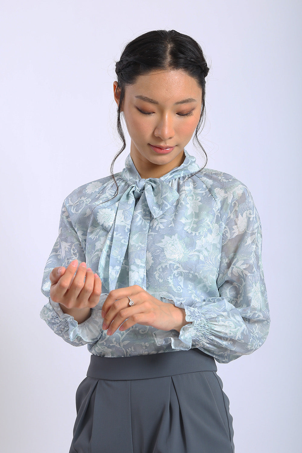 Elara Floral Tie-Neck Blouse in Misty Blue - Image 5