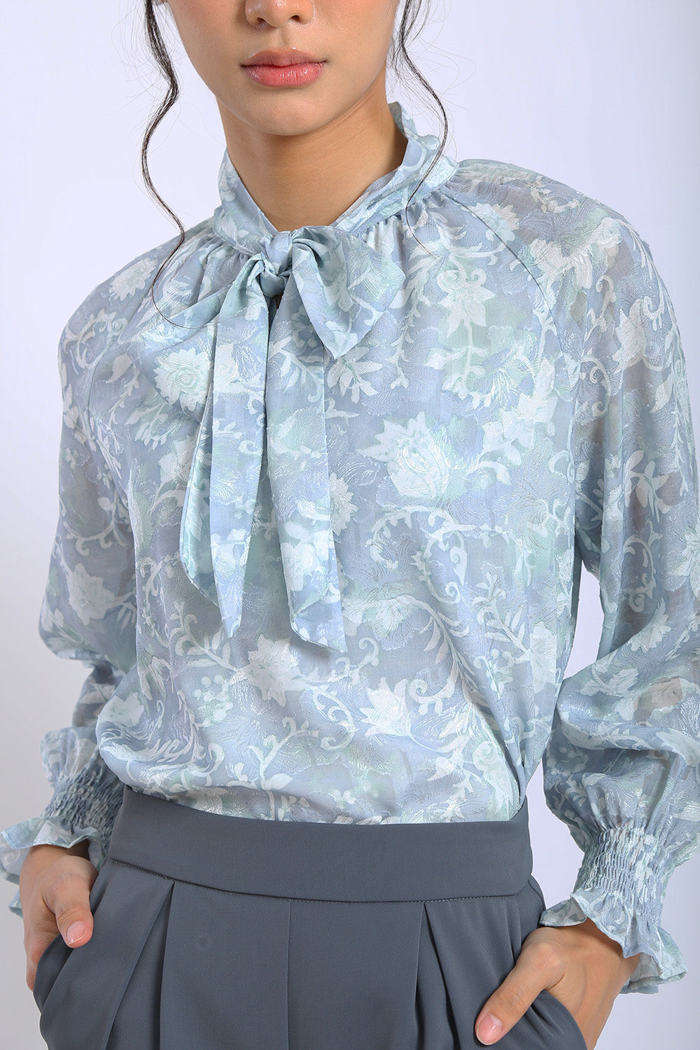 Elara Floral Tie-Neck Blouse in Misty Blue - Image 2