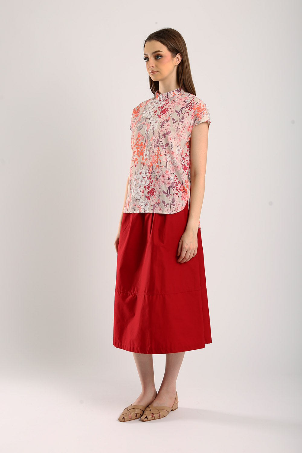 Naura Cotton Elasticized Waistband A-Line Skirts in Red - Image 4
