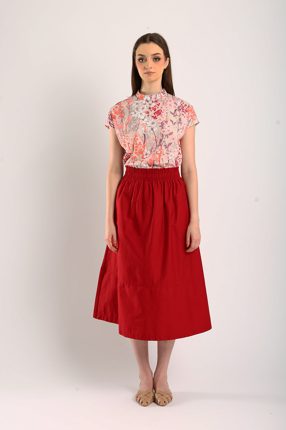 Naura Cotton Elasticized Waistband A-Line Skirts in Red - Image 2