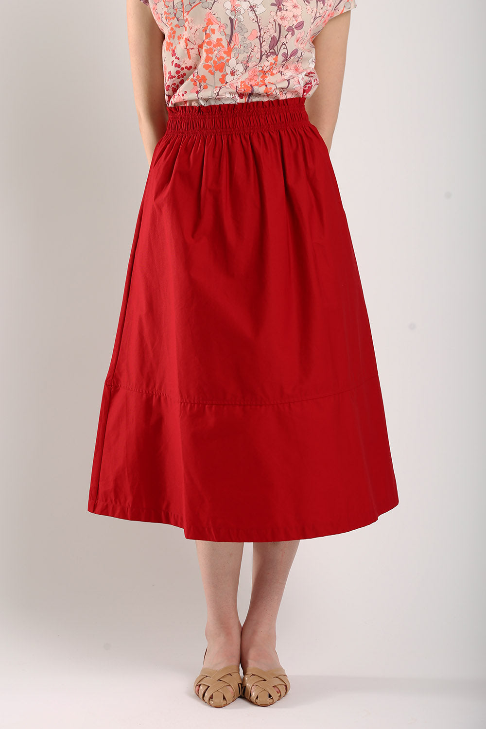 Naura Cotton Elasticized Waistband A-Line Skirts in Red - Image 6
