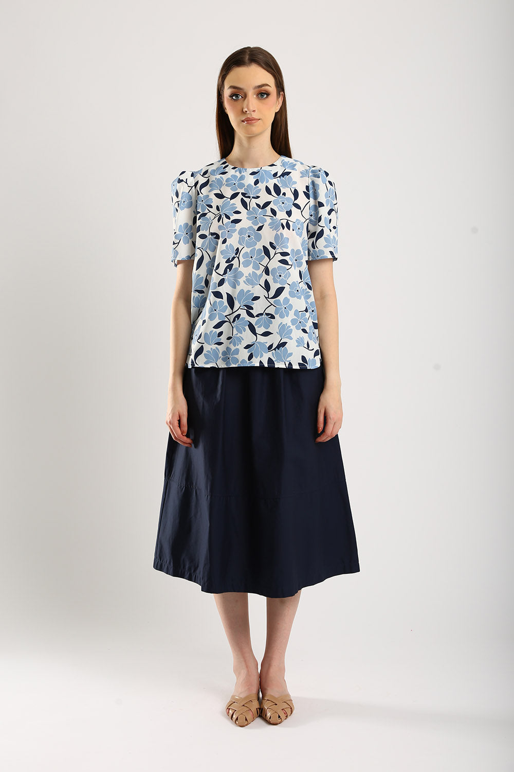 Naura Cotton Elasticized Waistband A-Line Skirts in Navy Blue - Image 2