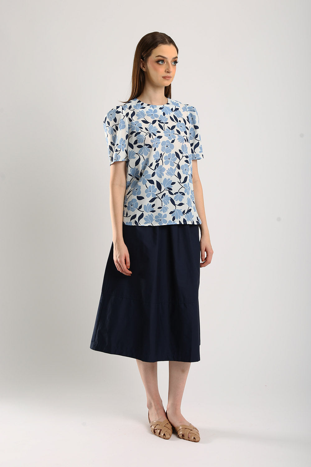 Naura Cotton Elasticized Waistband A-Line Skirts in Navy Blue - Image 3