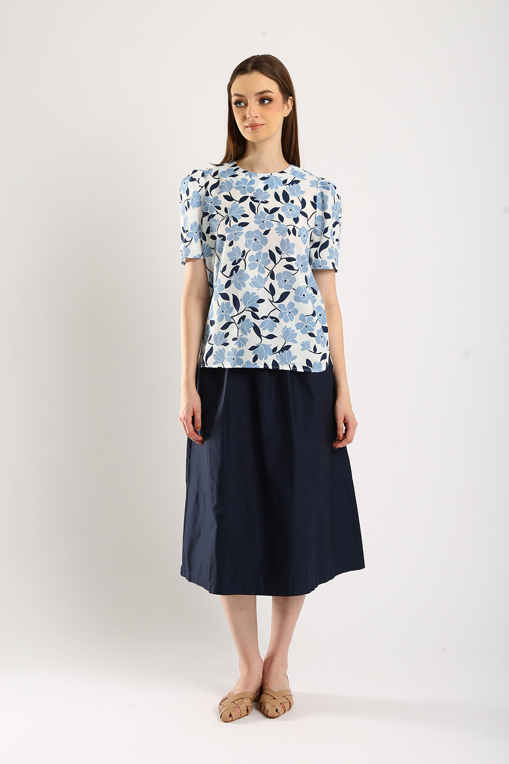 Naura Cotton Elasticized Waistband A-Line Skirts in Navy Blue - Image 4