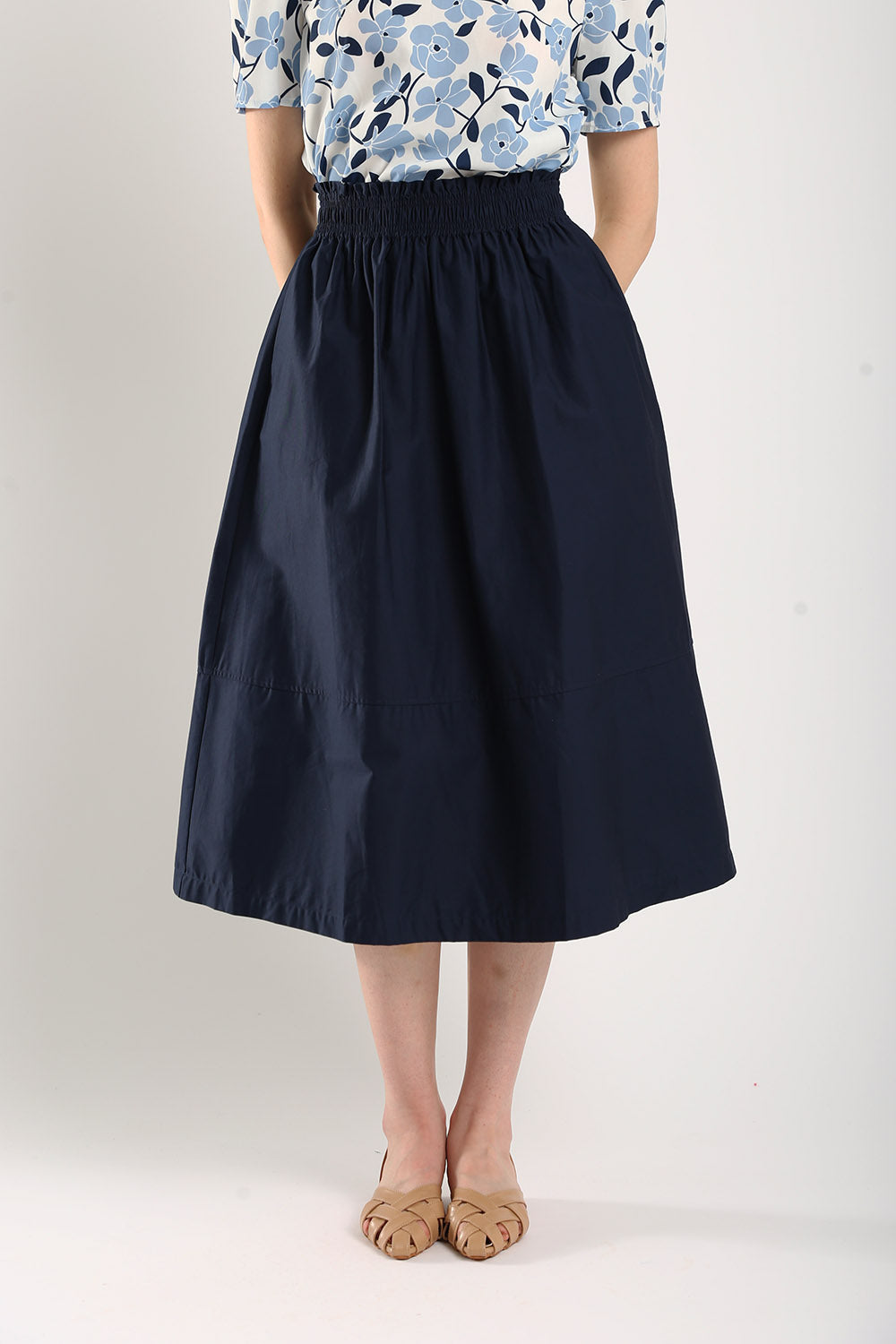 Naura Cotton Elasticized Waistband A-Line Skirts in Navy Blue