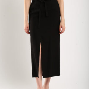 Riley Linen Midi Skirt with Sash Tie in Classic Black