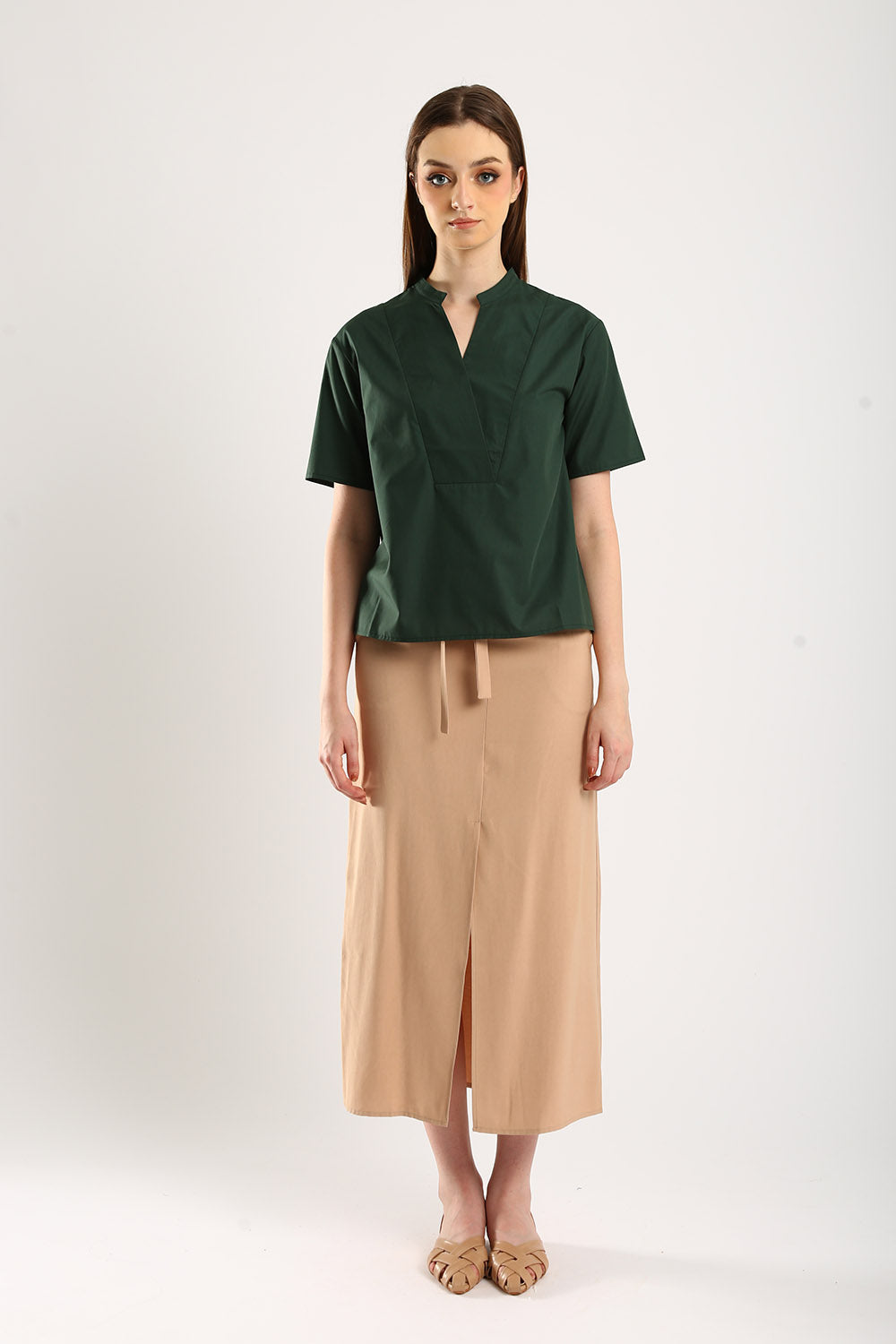 Riley Linen Midi Skirt with Sash Tie in Apricot - Image 2