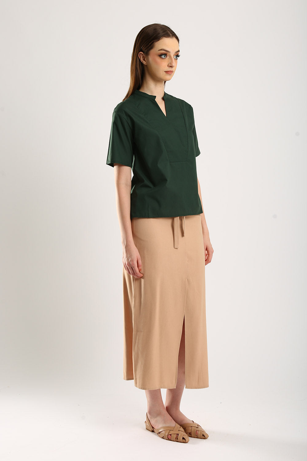 Riley Linen Midi Skirt with Sash Tie in Apricot - Image 3