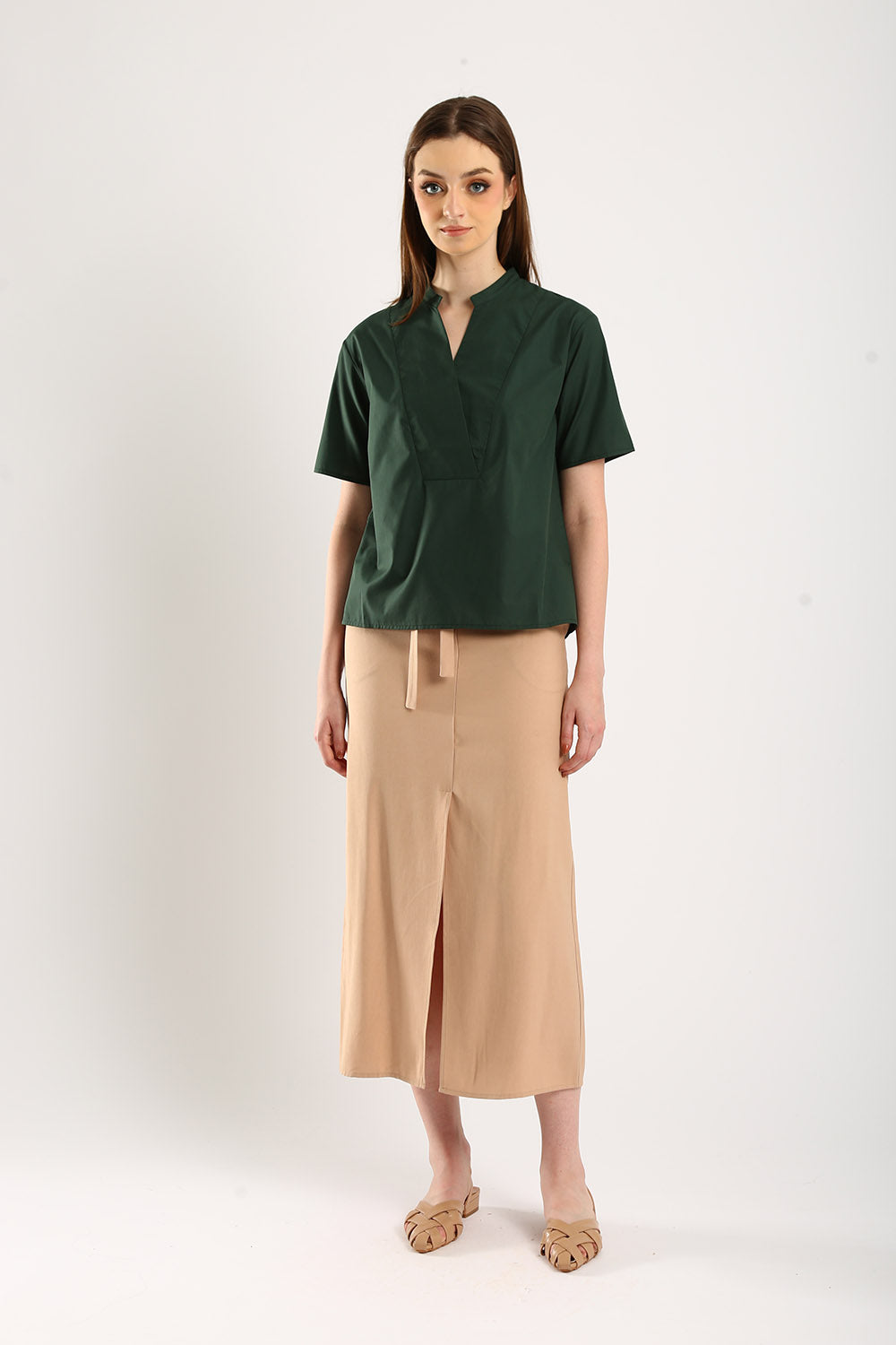 Riley Linen Midi Skirt with Sash Tie in Apricot - Image 4