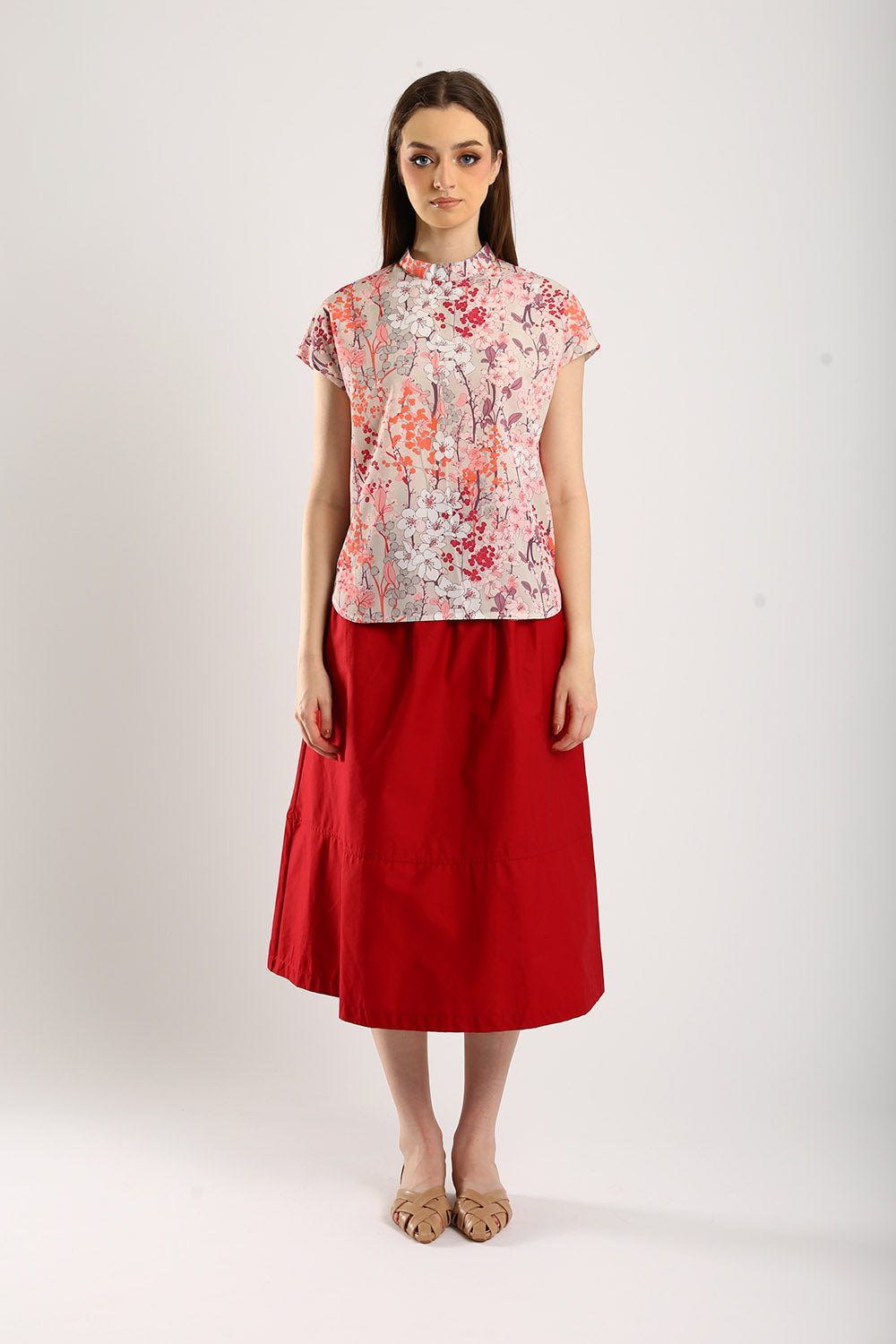 Naura Cotton Elasticized Waistband A-Line Skirts in Red - Image 5