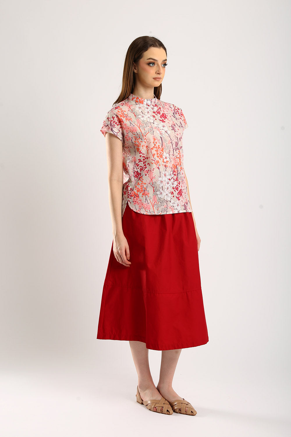 Naura Cotton Elasticized Waistband A-Line Skirts in Red - Image 3